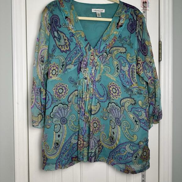 Coldwater Creek Sparkly Jacobean Bell Y2k Silk Blouse Boho Whimsy Fairycore XL - Picture 1 of 8
